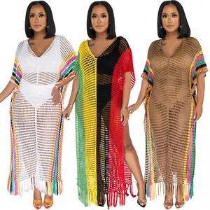 Summer 2024 Women Ladies Sexy Colorful Fringed Knit Crochet Fishnet Beach Swimsuit Bikini Cushion Loose Cover Up Dress For Women