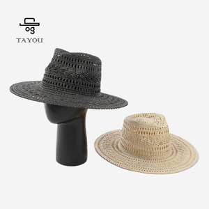 Sombrero Fedora de Paja Calado de Moda para Unisex, de Ala Ancha y Transpirable, para Sol, Verano, Vacaciones en la Playa, Exterior, Casual, <span class=keywords><strong>Gorra</strong></span> <span class=keywords><strong>Tejida</strong></span> - Product Image 1