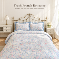 Parure de lit 3 pièces style pastoral à motif floral rose bleu, housse de couette à volants, couvre-lit doux en pur coton pour filles
