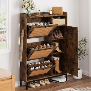 <span class=keywords><strong>Meuble</strong></span> à chaussures autoportant étroit <span class=keywords><strong>en</strong></span> <span class=keywords><strong>bois</strong></span> et rotin de style farmhouse avec 3 tiroirs à battants <span class=keywords><strong>pour</strong></span> entrée et couloir - Product Image 2