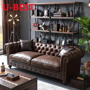 U-BEST Disesuaikan Retro Ruang Tamu Kulit Asli Chesterfield Sudut Sofa Set Gaya Industri 2 Tempat Duduk Sofa