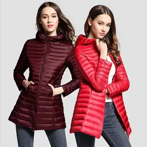 Wholesale Hooded puffer coat lightweight Long Down jacket Women outwear for 2021 winter