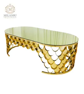 Industrial style oval fish scale gold stainless steel party vip dinner mirror glass dining tables and chairs for wedding events
