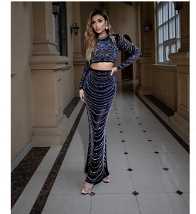 Women's Dress Set Sexy <strong>See</strong> <strong>Though</strong> Mesh Diamonds Beading <strong>Top</strong> + High Waist Long Skirt Suit Nightclub Party Outfits 2 Piece Sets - Product Image 1
