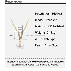 פנינת שרשרת AU585 14K תכשיטי זהב טהור זהב שרשרת יהלום אמיתי פדנט שרשרת באיכות טובה