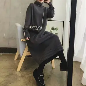 Wholesale customized high necked elegant dresses knee length knitted loose fitting, slimming off