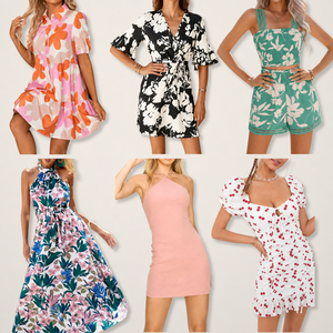 Robe d'été décontractée à imprimé floral pour femme, col en V, manches courtes, coupe trapèze, mini, ample, en mousseline respirante, tissée – Nouvelle collection en promotion usine - Product Image 1