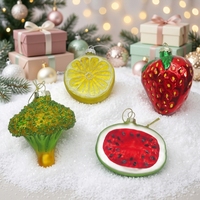 Ornamen Kaca Bentuk Buah dan Sayuran Campuran Hijau Kuning Merah Berkilau untuk Dekorasi Gantungan Pohon Natal
