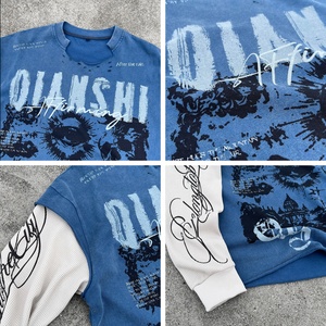 เสื้อยืดแขนยาววินเทจ สตรีทแวร์ ลายกราฟิก ผ้าวาฟเฟิลเนื้อนุ่ม เสื้อทรงโอเวอร์ไซส์ ดีไซน์ขาดๆ แบบสองชั้น - Product Image 3