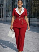 Ensemble deux pièces pour femme, style tendance, col en V, manches courtes, pantalon uni