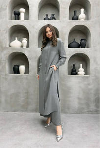 طقم عباية نسائي تركي ستايل <span class=keywords><strong>2026</strong></span> من الساتان بتصميم دبي، ياقة واقفة، أكمام طويلة، بنطلون واسع الساق بطول الكاحل، طقم كاجوال من قطعتين - Product Image 6