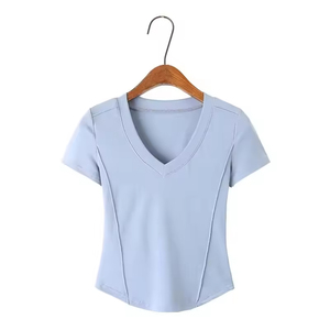 Camiseta de Manga Corta con Cuello en V y Corte Curvo en la Parte Inferior para Mujer, Camiseta Informal de Verano 2023, Tops para Mujer - Product Image 2