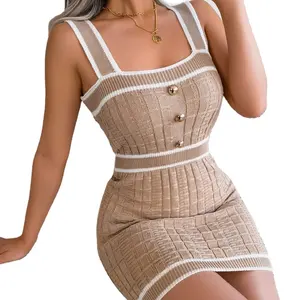 2024 New Fashion Knit Sleeveless Sexy Square Neck Button Dress Color Block Wide Strap Womensweater Dress Women Summer Standard