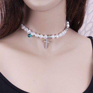 Irregular Pearl <b>Cross</b> Necklace Steel Color Clavicle <b>Chain</b> Everyday Wear - Product Image 5