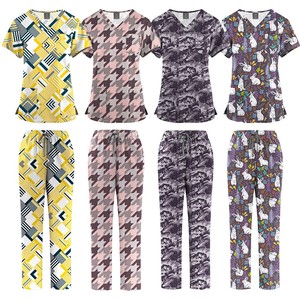 Wholesale <b>Nursing</b> Scrubs Set Women Printed V Neck Uniform Elastic Waist Pants Multiple Pockets for Hospital Medical Dental Staff - Product Image 2