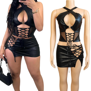 Ensemble été femme Viviblook Z1224ST01, ensemble sexy pour boîte de nuit, débardeur sans manches à bretelles, mini-jupe, ensemble deux pièces - Product Image 1