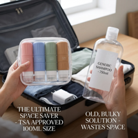 Lot de 4 kits de voyage premium, bouteilles de voyage en silicone souple anti-fuite 100 ml, adaptées aux voyages, avec sac de rangement transparent