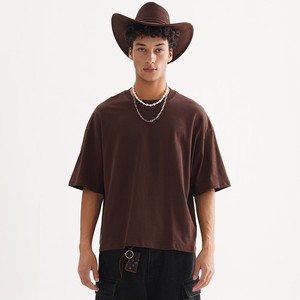 T-shirt Homme Oversize Marron Délavé Vintage Coupe Boxy Courte en Coton Uni Col Rond Décontracté Streetwear - Product Image 1