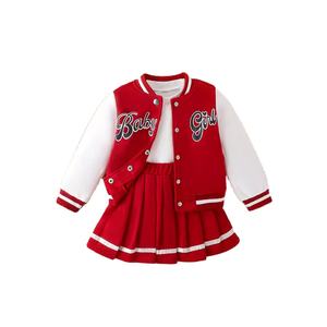 Setelan Jaket Baseball Bermotif Huruf dengan Rok Lipit, Jaket Hoodie Baseball <span class=keywords><strong>2</strong></span>-Piece Set, Setelan Hoodie Lengan Panjang Musim Gugur dengan Rok untuk Anak Perempuan - Product Image 1