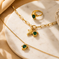 Parure de bijoux tortue en zircon vert, étanche, en acier inoxydable plaqué or PVD, collier, bague, bracelet, bijoux de plage océanique pour femme