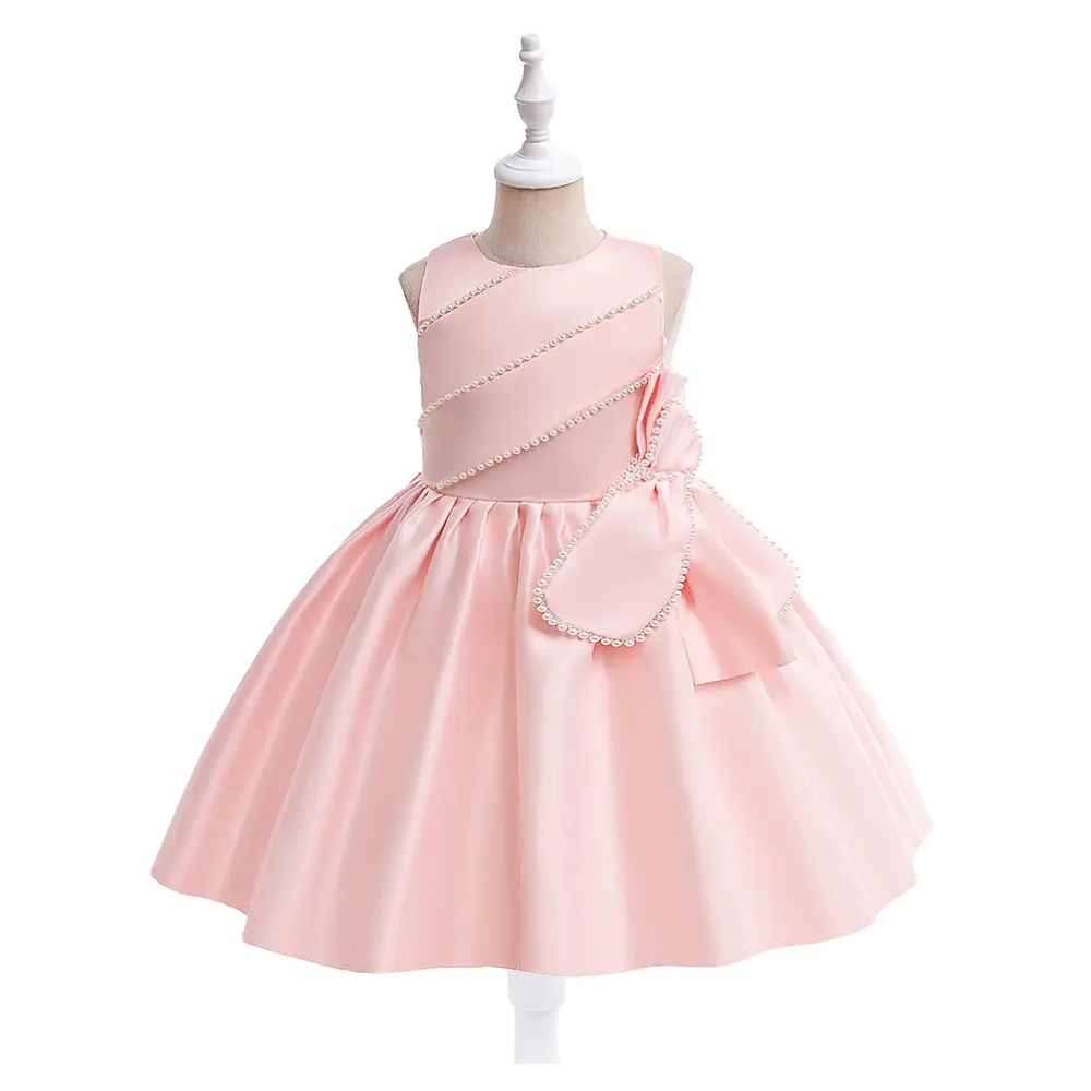 Heiße Produkte Großhandel Kinder Perle Party Kleid Kleines Kind Satin Festzug Kostüm Mädchen Rosa Ärmelloses Kleid