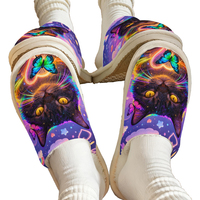 Chaussons Doux et Chauds en Coton Doux et Moelleux à Imprimé Chat Noir Rêveur avec Semelle Extérieure en EVA pour Femme et Homme – Idéal Printemps, Hiver, Maison, Cadeau
