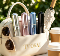 Vente en gros de flacons de parfum de poche personnalisés, atomiseur de recharge, flacon en plastique réutilisable de 10 ml, bouchon à vis en aluminium, estampage à chaud