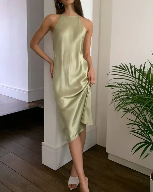 2023 New arrival Fashion Elegant Women Sleeveless Solid Cowl Neck Backless Casual Mid-Calf Spaghetti Strap Slip Dress