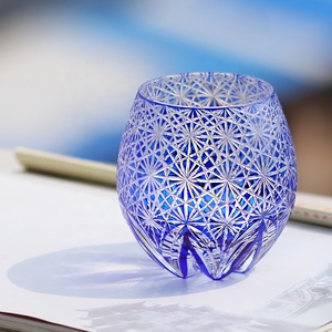 330毫升日式江户纪子老式威士忌不倒翁手工雕刻斜坡 & 钻石图案玻璃蓝色LACC品牌 - Product Image 3