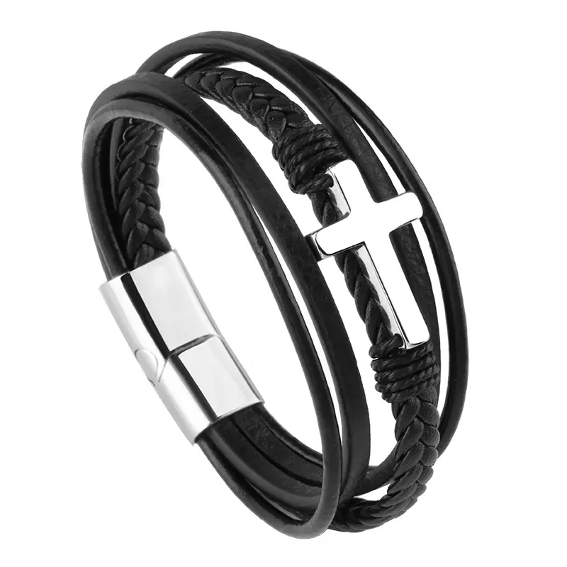 Stainless Steel Magnetic Clasps Cross Charm Multilayer Leather Bracelets for Men