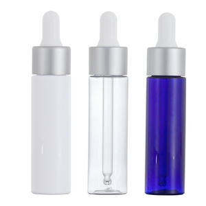 Vente en gros de flacon compte-gouttes de 30ml bouteille PET transparente/blanche/bleue avec logo compte-gouttes en argent mat disponible - Product Image 1