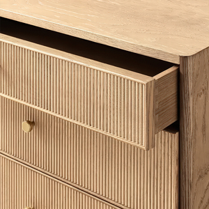 RH GENEVIEVE <strong>OAK</strong> REEDED NIGHTSTAND Light Wood <strong>Bedside</strong> <strong>Table</strong> Gold Handles Reeded Detailing Modern Apartment Bedroom Drawer - Product Image 4