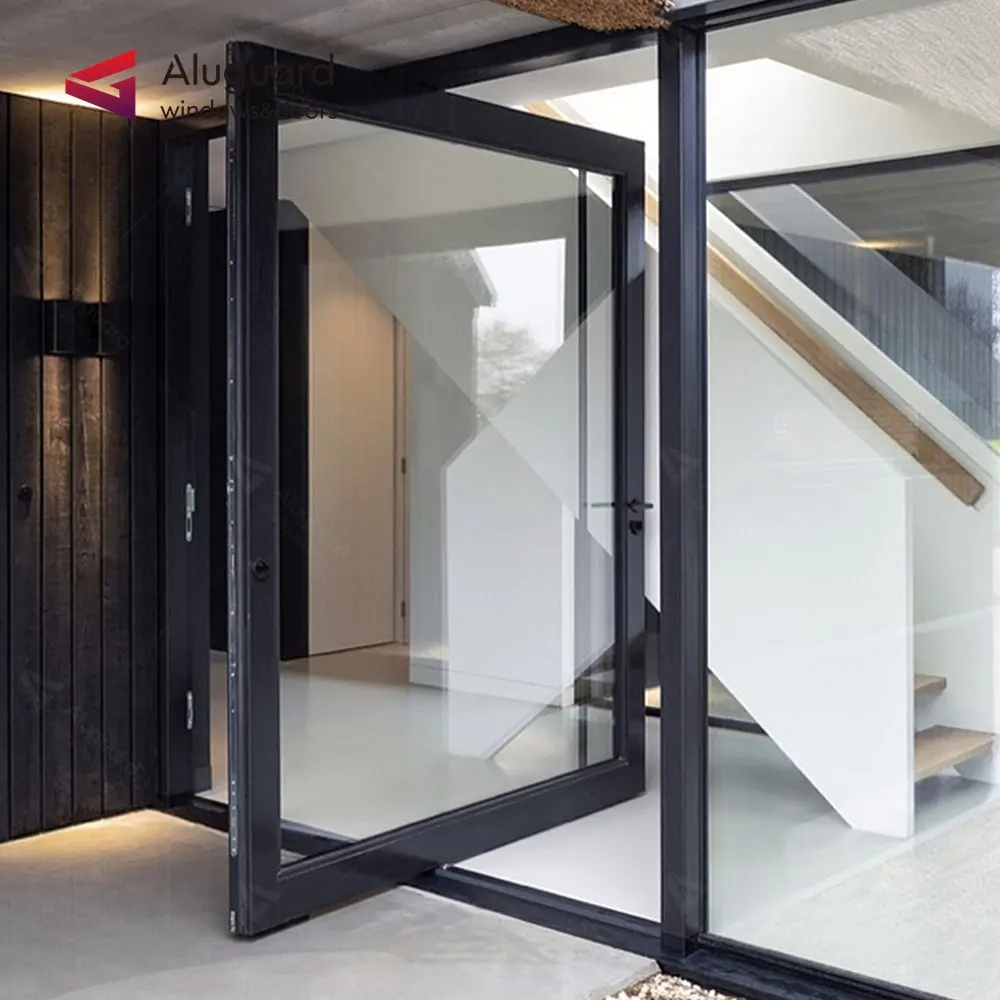 Exterior luxury black front entrance door modern residential hotel entry steel metal pivot door