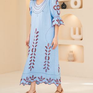 Elegante Vestido Personalizado de Lino y Algodón con Cuello Redondo, Dobladillo Festoneado, Manga Corta, Midi, Vestido de Verano para Mujer - Product Image 2