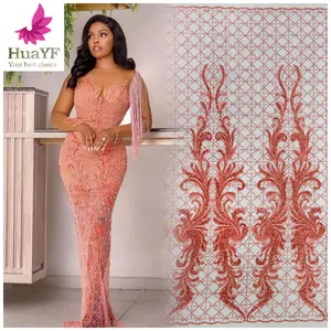 Top end african heavy 3d beaded sequins lace high quality embroidery lace dress fabric for 5 yards aso ebi HY1352-6