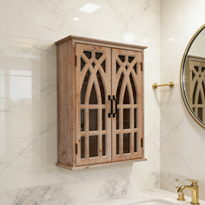 Armadietto da Parete Vintage con Ante Decorative Intagliate, <span class=keywords><strong>Mobile</strong></span> Sospeso in Legno Rustico per <span class=keywords><strong>Bagno</strong></span> e Casa - Product Image 4
