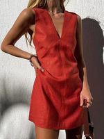 Robe d'été mini trapèze en lin mélangé, col en V profond, sans manches, couleur rouge rouille unie, design personnalisé pour femme