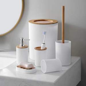 Eco-Friendly 6-Piece Modern Anti-bacterial Bathroom Storage <strong>Set</strong> <strong>Bamboo</strong> Toilet Brush Kit Vanity Cabinet Trash Can Toothbrush - Product Image 1