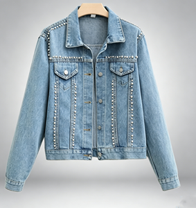 Veste en jean décontractée pour femme printemps-automne avec col boutonné orné de perles, style blazer, manches longues - Product Image 1