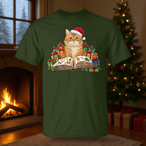 Camiseta navideña con diseño de gato naranja, libro de lectura, gorro de Papá Noel, para amantes de los gatos - Product Image 3