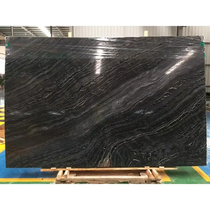 SHIHUI A Grade China Supply Indoor Wall Floor Customized Tile Bookmatch Exotic Popular Black Ancient Wooden Veins Marble Slab