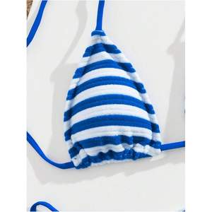 Ensemble de bikini triangle à rayures pour femmes, 2 pièces, avec bretelles à nouer sur les côtés, maillot de bain extensible en spandex et polyester - Product Image 3