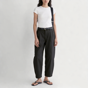 Leduo Customized <b>Women</b> High Waist Pleated Straight <b>Cropped</b> Pants Solid <b>Black</b> Cotton Casual Ankle <b>Trousers</b> With Pockets - Product Image 2