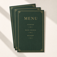 Cartes de menu de mariage personnalisées de luxe vert forêt avec bordure dorée Art Déco, menus de table de réception personnalisés