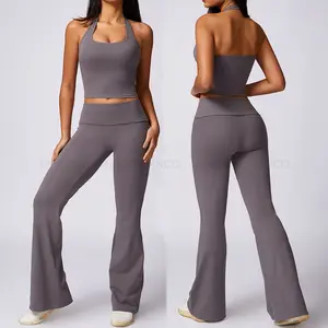 High Quality 90 Nylon 10 Spandex Gym Camisole Fold Over Long Flare Yoga Pants Work Out Clothing Women 3 Pc Sport Fitness Sets