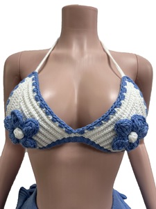 New Summer <strong>Crochet</strong> Knitted <strong>Two</strong> <strong>Pieces</strong> Short <strong>Set</strong> With Knit Halter Top and Ruffled Knit Shorts - Product Image 5