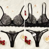 Ensemble de lingerie push-up à armatures en dentelle française taille haute, soutien-gorge et culotte en maille transparente ultra-fine, lingerie de nuit sexy pour femme