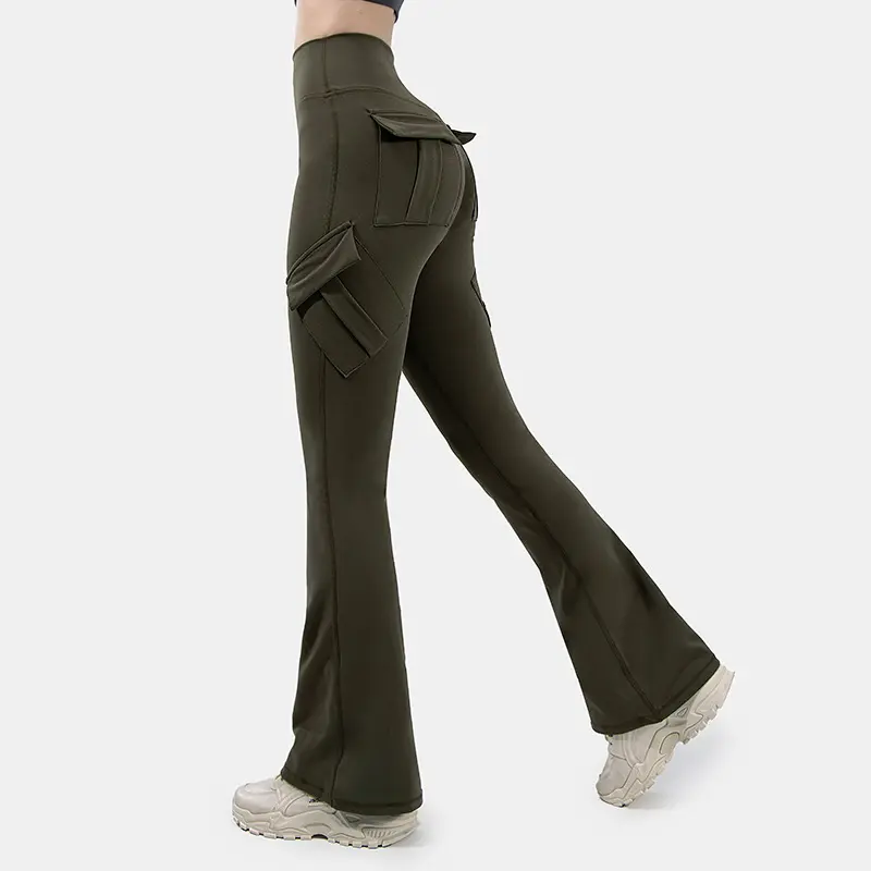 Dinlenme günü yeni varış bayanlar Flare pantolon yüksek bel geniş bacak sıkı ezme popo rahat kargo Yoga tozluk ile cep