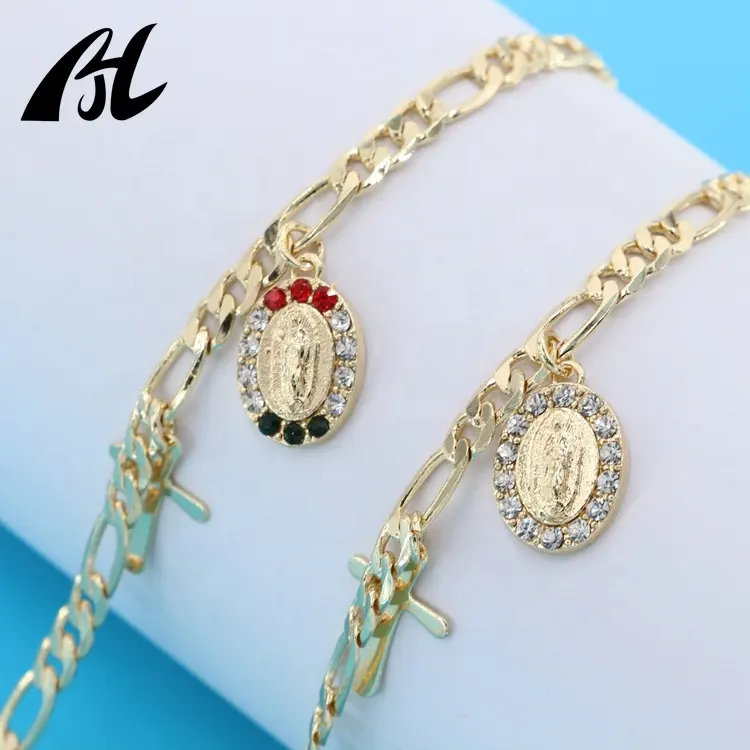 Thời Gian Giới Hạn Khuyến Mãi 14K Vàng Glasp Cuba Figaro Chain & Liên Kết Vòng Đeo Tay Đức Trinh Nữ Maria & Chữ Thập Tự Làm Vòng Đeo Tay