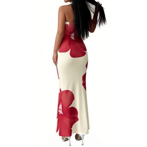 ชุดเดรสแม็กซี่เดรสพิมพ์ลายดอกไม้แบบคล้องคอสำหรับผู้หญิง - ชุดเดรสแฟชั่นแบบไม่มีแขน - Product Image 4